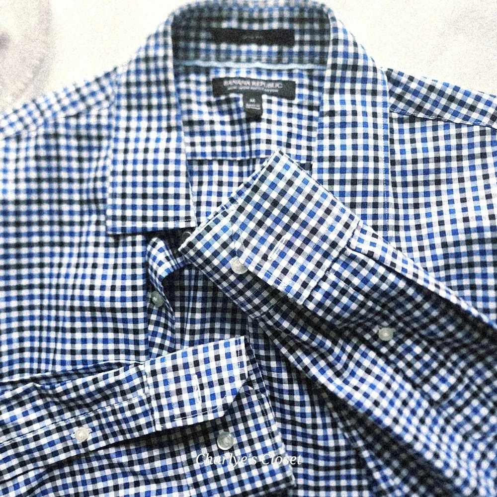 Banana Republic Button‎ Up Blue/Black Gingham Mens M Non-Iron Slim Fit Shirt